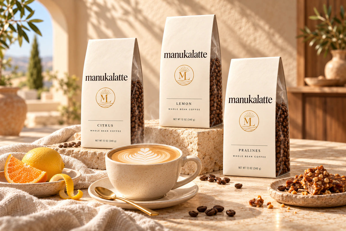 Three Manukalatte bags, Citrus, Lemon and Pralines, with a latte